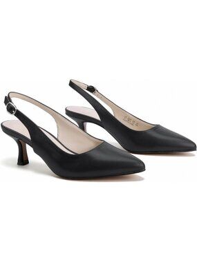 Women's Slingback Kitten Heels Pointed Toe Low Heel Black Pu Pumps Dress Shoes
